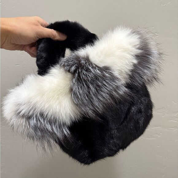 Black & White, Real Mink Fur with Fox Fur Trimming Top Handle & Multi Use Purse - Picture 12 of 16
